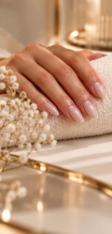 Mão com unhas feitas sobre uma toalha branca